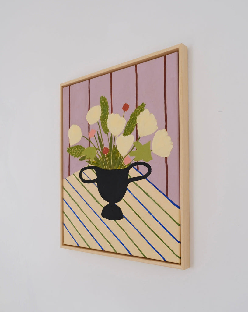 Carla Llanos Original Artwork  FLOWERS ON STRIPED CLOTH ORIGINAL PAINTING