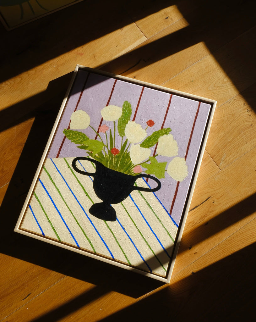 Carla Llanos Original Artwork  FLOWERS ON STRIPED CLOTH ORIGINAL PAINTING