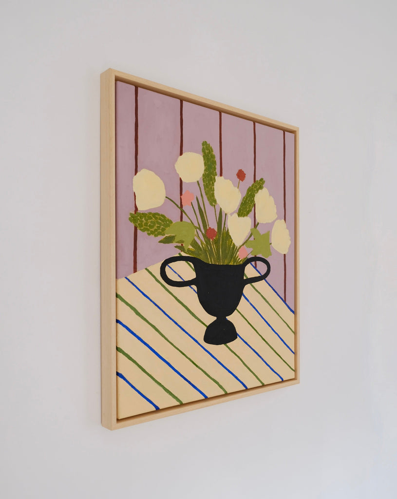 Carla Llanos Original Artwork  FLOWERS ON STRIPED CLOTH ORIGINAL PAINTING