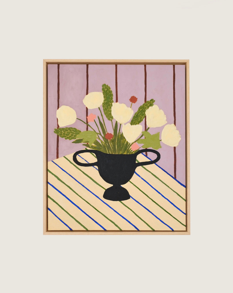 Carla Llanos Original Artwork  FLOWERS ON STRIPED CLOTH ORIGINAL PAINTING