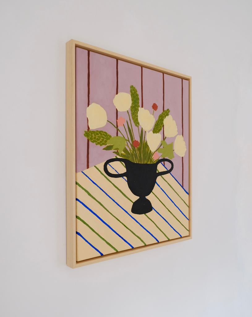 Carla Llanos Original Artwork  FLOWERS ON STRIPED CLOTH ORIGINAL PAINTING