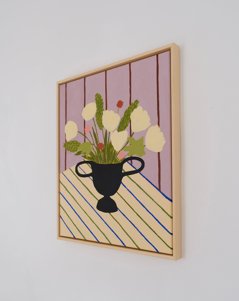 Carla Llanos Original Artwork  FLOWERS ON STRIPED CLOTH ORIGINAL PAINTING