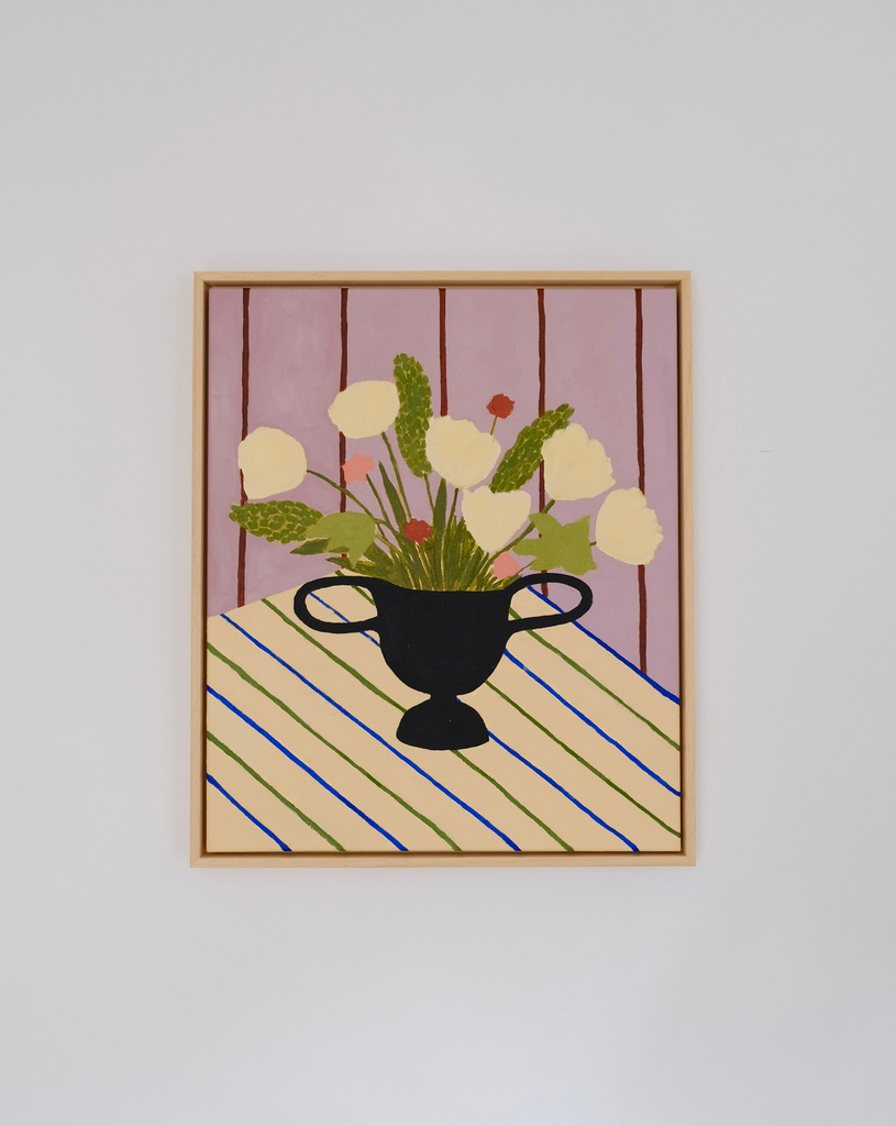 Carla Llanos Original Artwork  FLOWERS ON STRIPED CLOTH ORIGINAL PAINTING