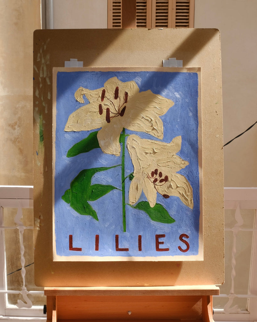 Carla Llanos Original Artwork  LILIES ON BLUE ORIGINAL PAINTING