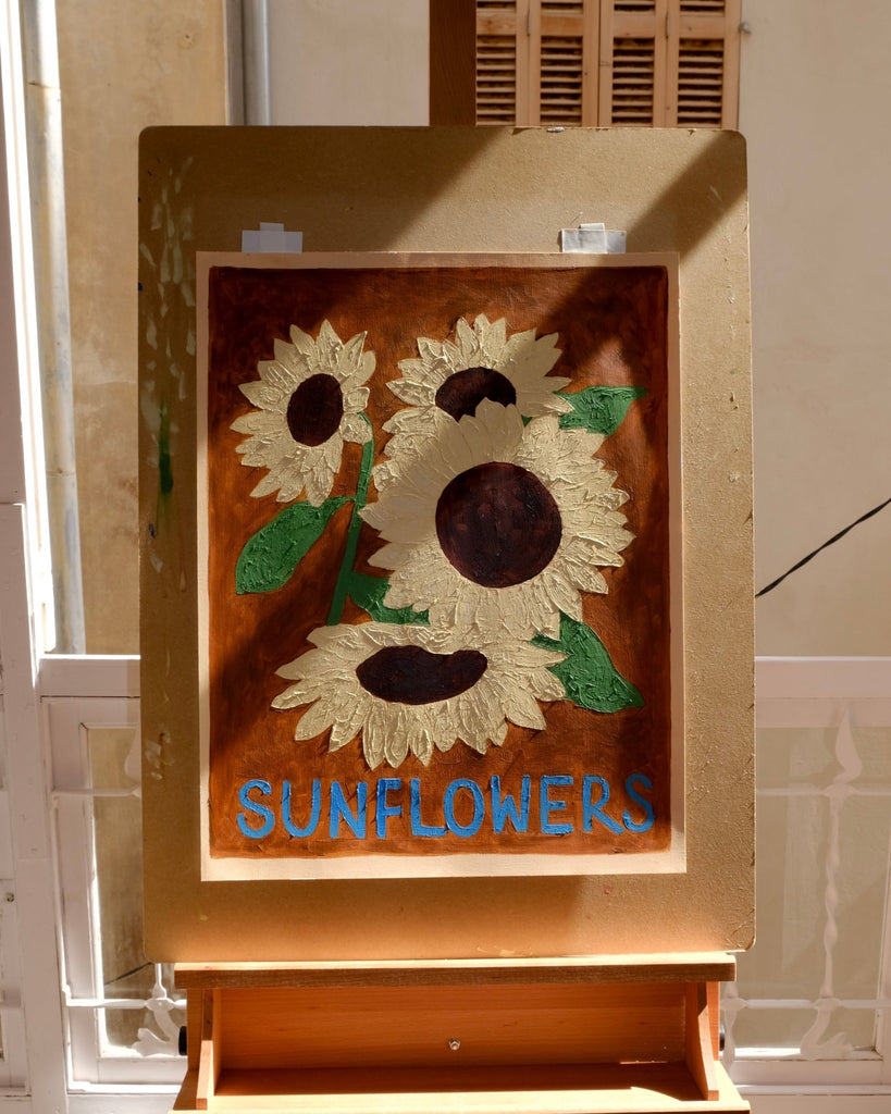 Carla Llanos Original Artwork  SUNFLOWERS ON BROWN ORIGINAL PAINTING